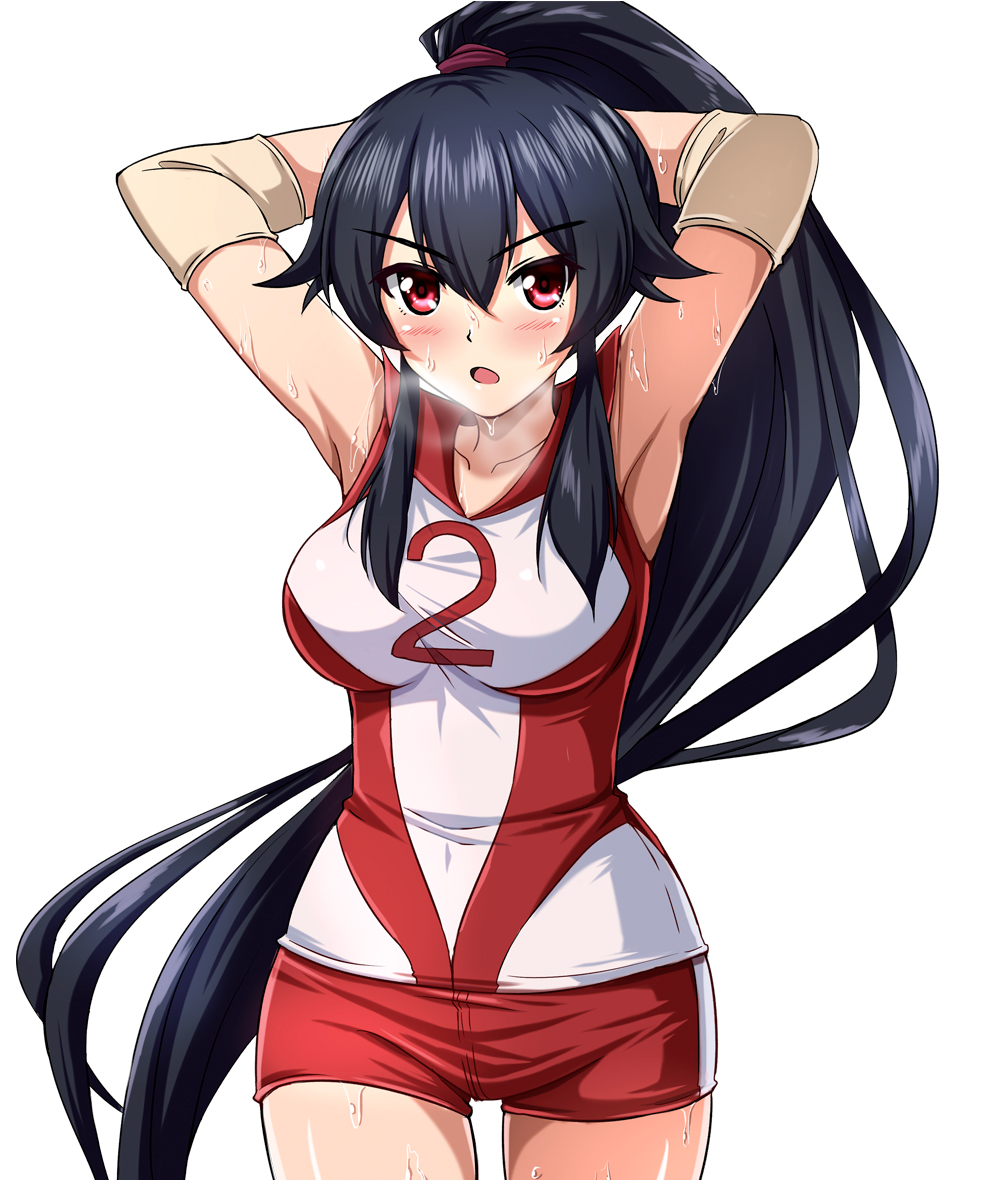1girl :o alternate_costume armpits arms_behind_head arms_up bangs black_hair blush breasts breath collarbone cosplay_request covered_navel cowboy_shot elbow_pads girls_und_panzer hair_between_eyes high_ponytail kantai_collection large_breasts long_hair looking_at_viewer open_mouth pink_eyes red_shorts shirt shorts sidelocks simple_background sleeveless sleeveless_shirt solo sportswear standing sweat v-shaped_eyebrows very_long_hair volleyball_uniform wet white_background yahagi_(kantai_collection) zanntetu