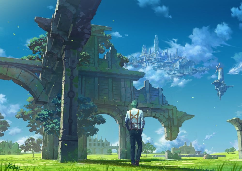 blue_pants blue_sky castle clouds commentary_request facing_away fantasy field floating_castle floating_city floating_island from_behind grass green_hair kaitan long_sleeves original outdoors pants ruins scenery shirt signature sky standing suspenders tree white_shirt windmill