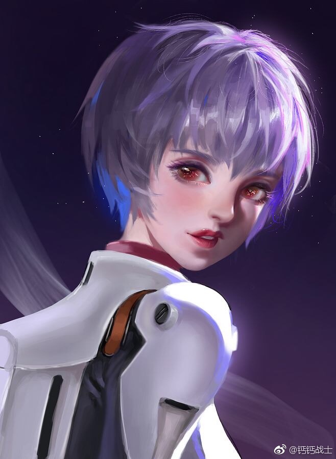 1girl ayanami_rei bangs blue_hair blush bodysuit from_side hair_between_eyes lips looking_at_viewer neon_genesis_evangelion nose parted_lips red_eyes red_lips short_hair solo tagme watermark white_bodysuit y_xun