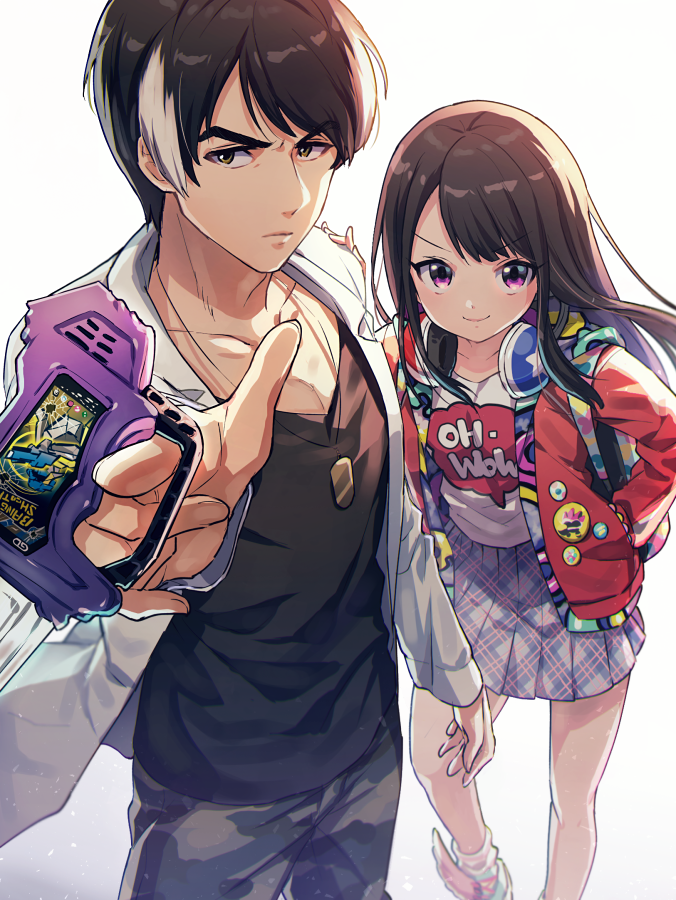 1boy 1girl black_hair brown_eyes camouflage camouflage_pants closed_mouth commentary_request dog_tags eyebrows_visible_through_hair hanaya_taiga hand_on_another's_shoulder headphones headphones_around_neck jacket jewelry kamen_rider kamen_rider_ex-aid_(series) labcoat long_hair looking_at_viewer multicolored_hair necklace pants pleated_skirt pointing pointing_at_viewer red_jacket shinonoko_(tubamecider) shiny shiny_hair short_hair simple_background skirt smile standing streaked_hair two-tone_hair violet_eyes white_background white_hair