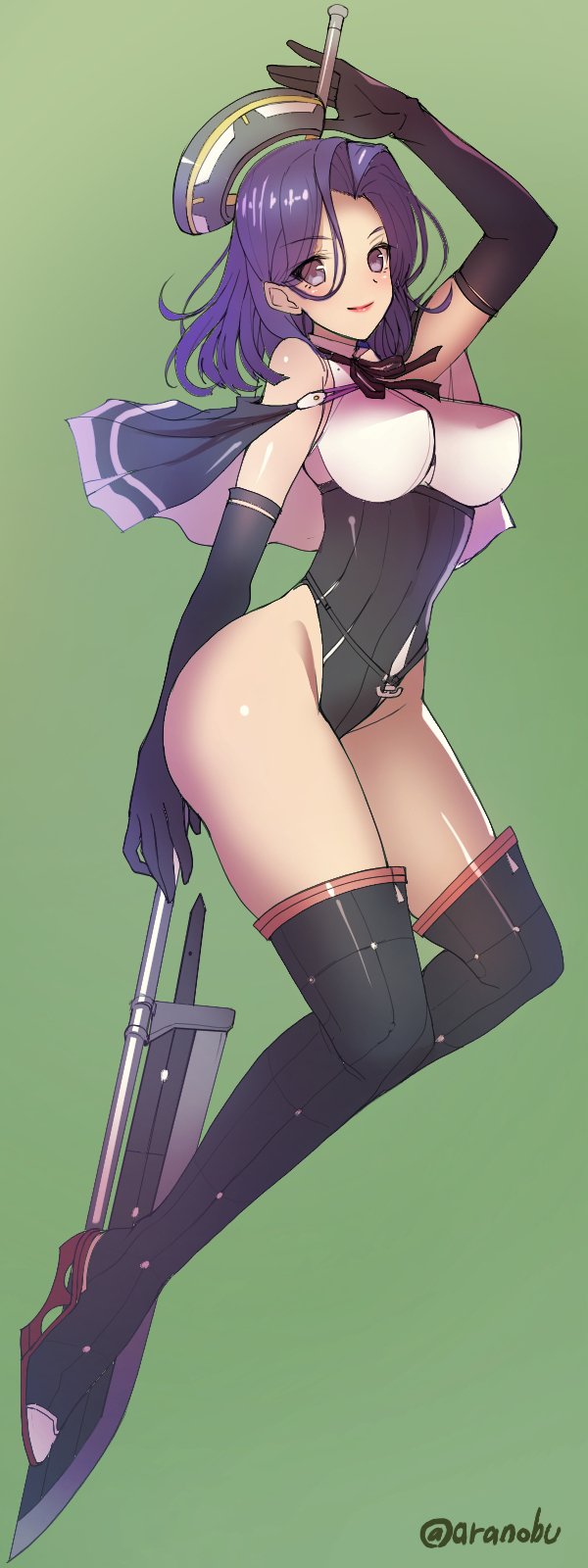 1girl adapted_costume ass bare_shoulders black_gloves black_legwear blush boots breasts capelet commentary_request elbow_gloves glaive gloves gradient gradient_background green_background hair_between_eyes high_heels highres kantai_collection large_breasts leotard looking_at_viewer mechanical_halo medium_hair open_mouth purple_hair remodel_(kantai_collection) sleeveless smile solo takeda_aranobu tatsuta_(kantai_collection) thigh-highs thigh_boots thighs twitter_username violet_eyes