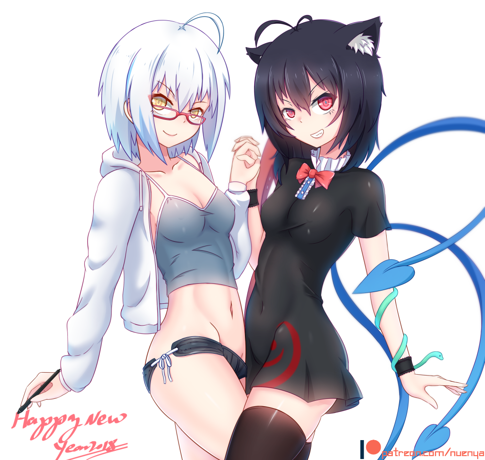 2girls ahoge animal_ears artist_self-insert asymmetrical_wings bangs black_dress black_hair black_legwear black_panties bow bowtie breasts camisole cat_ears cleavage closed_mouth collarbone covered_navel drawstring dress from_side grin groin hand_holding hood hoodie houjuu_nue interlocked_fingers kemonomimi_mode long_sleeves looking_at_viewer lowleg lowleg_panties multiple_girls navel nuenya original panties red-framed_eyewear red_eyes red_neckwear short_dress side-tie_panties simple_background small_breasts smile snake standing thigh-highs touhou underwear white_background white_hair wings yellow_eyes