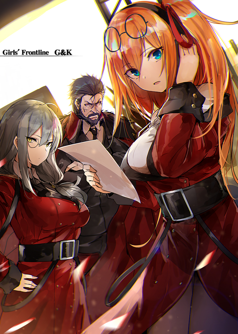 1boy 2girls ahoge arm_up bangs beard belt berezovich_kryuger_(girls_frontline) black_footwear black_hair black_hairband black_jacket black_neckwear blonde_hair blue_eyes blush boots breasts buckle buttons closed_mouth coat cowboy_shot crossed_arms double-breasted eyebrows_visible_through_hair eyes_visible_through_hair eyewear_on_head facial_hair girls_frontline glasses grey_hair grifon&amp;kryuger hair_between_eyes hair_ribbon hairband hand_to_own_face hands_on_hips helianthus_(girls_frontline) high_heels holding holding_paper jacket jacket_on_shoulders kalina_(girls_frontline) knee_boots large_breasts light_particles long_hair looking_at_viewer luse_maonang military military_uniform monocle multiple_girls necktie open_mouth paper ponytail red_jacket red_ribbon ribbon scar scar_on_cheek serious shirt short_hair side_ponytail sidelocks silver_hair sleeve_cuffs smile solo spiky_hair standing uniform violet_eyes white_shirt