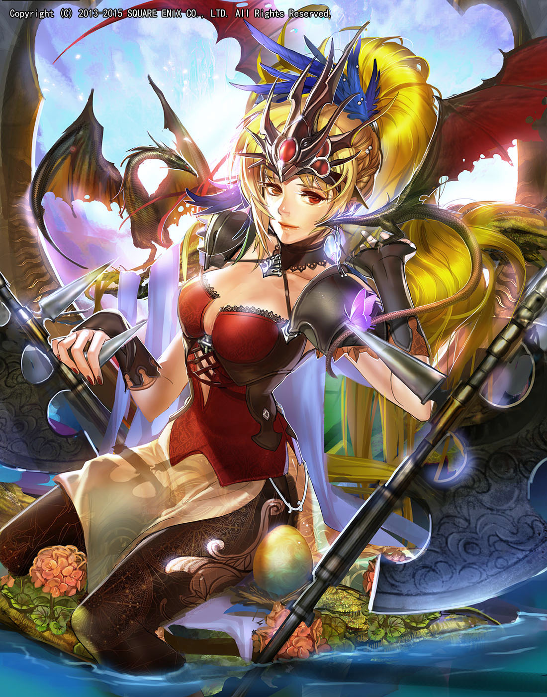 1girl blonde_hair blue_sky breasts bustier closed_mouth dragon emperors_saga fingerless_gloves fingernails flower gloves grass headpiece highres holding holding_weapon large_breasts liduke long_hair looking_at_viewer nail_polish official_art pantyhose polearm poleaxe ponytail red_eyes red_nails sitting sky soaking_feet solo spaulders spikes waist_cape watermark weapon