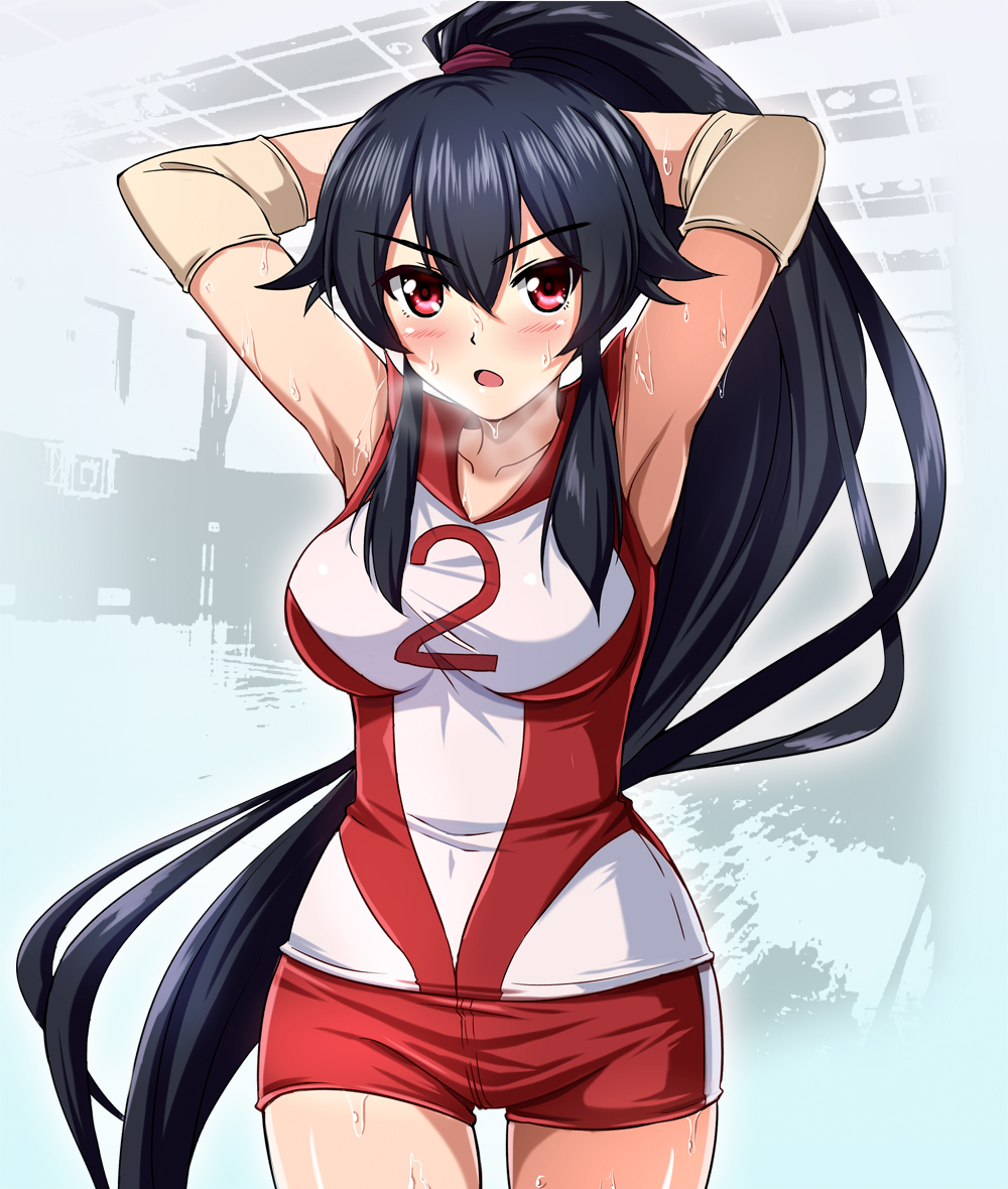 1girl :o alternate_costume armpits arms_behind_head arms_up bangs black_hair blush breasts breath collarbone commentary_request cosplay_request covered_navel cowboy_shot elbow_pads girls_und_panzer hair_between_eyes high_ponytail indoors kantai_collection large_breasts long_hair looking_at_viewer open_mouth pink_eyes red_shorts shirt shorts sidelocks sleeveless sleeveless_shirt solo sportswear standing sweat v-shaped_eyebrows very_long_hair volleyball_uniform wet yahagi_(kantai_collection) zanntetu
