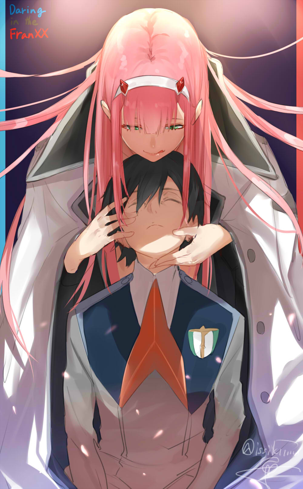 1boy 1girl bangs black_hair closed_eyes coat commentary_request copyright_name couple darling_in_the_franxx eyebrows_visible_through_hair green_eyes hair_between_eyes hair_ornament hands_on_another's_face headband highres hiro_(darling_in_the_franxx) horns hug hug_from_behind isshiki_(ffmania7) long_hair looking_at_another military military_uniform open_clothes open_coat pink_hair red_neckwear school_emblem short_hair sidelocks signature tongue tongue_out twitter_username uniform very_long_hair white_coat white_headband zero_two_(darling_in_the_franxx)