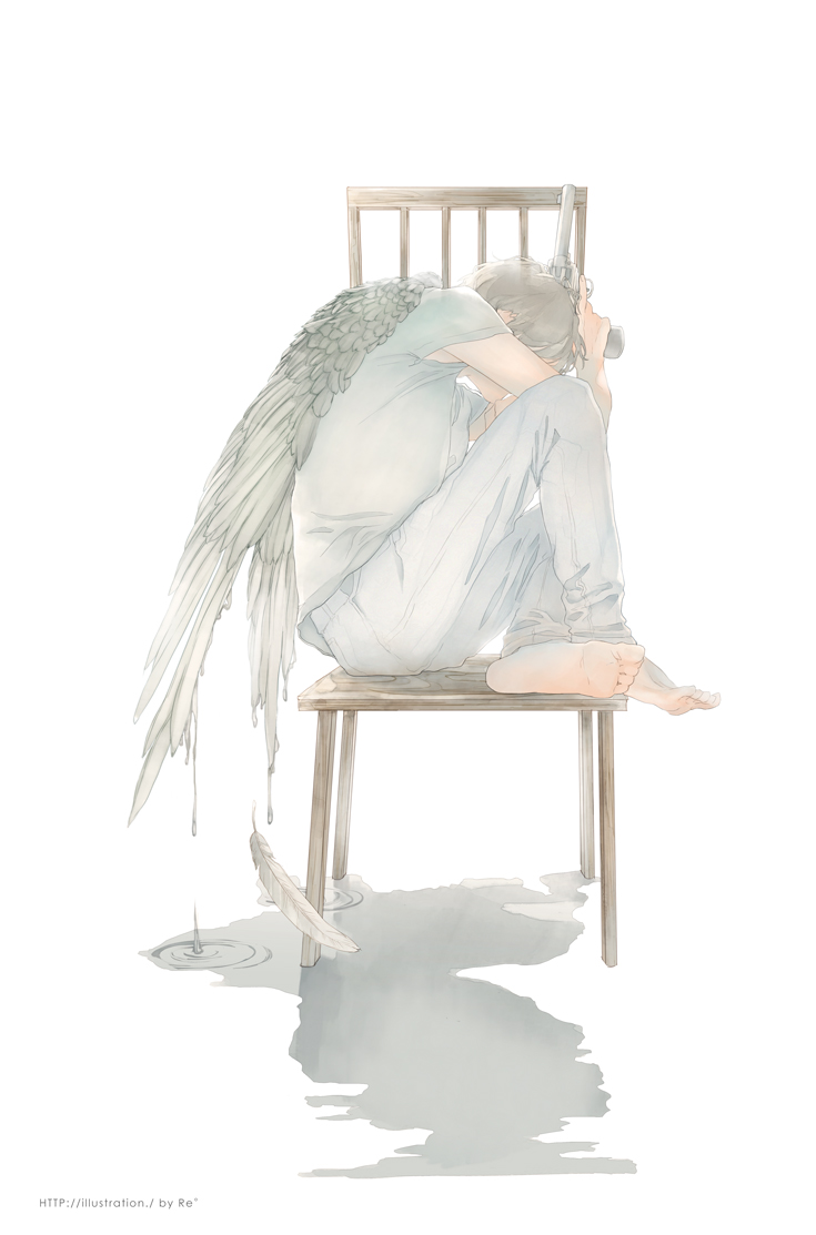 1boy angel angel_wings artist_name barefoot chair feathers gun legs_crossed male_focus original pants rido_(ridograph) shirt simple_background sitting water weapon white_background white_hair white_pants white_shirt wings