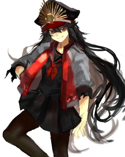 1girl arm_at_side bangs black_hair black_hat black_legwear black_sailor_collar black_serafuku black_skirt closed_mouth collarbone cowboy_shot facing_away family_crest fate/grand_order fate_(series) hair_between_eyes hand_on_hip hat jacket kemono_friends koha-ace long_hair looking_at_viewer military_hat miniskirt neckerchief oda_nobunaga_(fate) oda_uri open_clothes open_jacket pantyhose peaked_cap pleated_skirt red_eyes red_neckwear school_uniform serafuku simple_background skirt smile solo torakichi_(kamima33) very_long_hair white_background