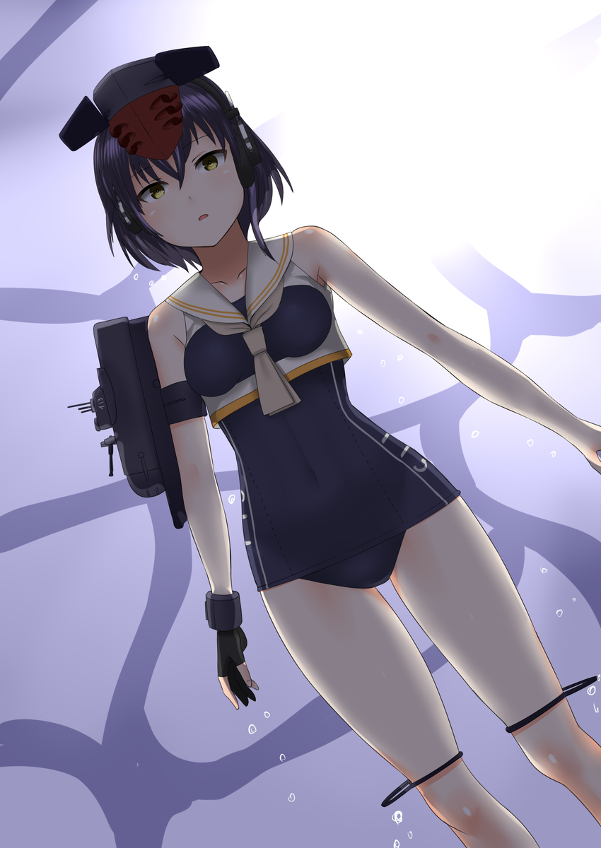 1girl 30-06 asymmetrical_hair black_hair blue_swimsuit breasts brown_eyes bubble crop_top framed_breasts gloves hair_between_eyes hat headphones highres i-13_(kantai_collection) kantai_collection one-piece_swimsuit open_mouth partly_fingerless_gloves sailor_collar school_swimsuit short_hair single_glove solo sunlight swimsuit swimsuit_under_clothes underwater