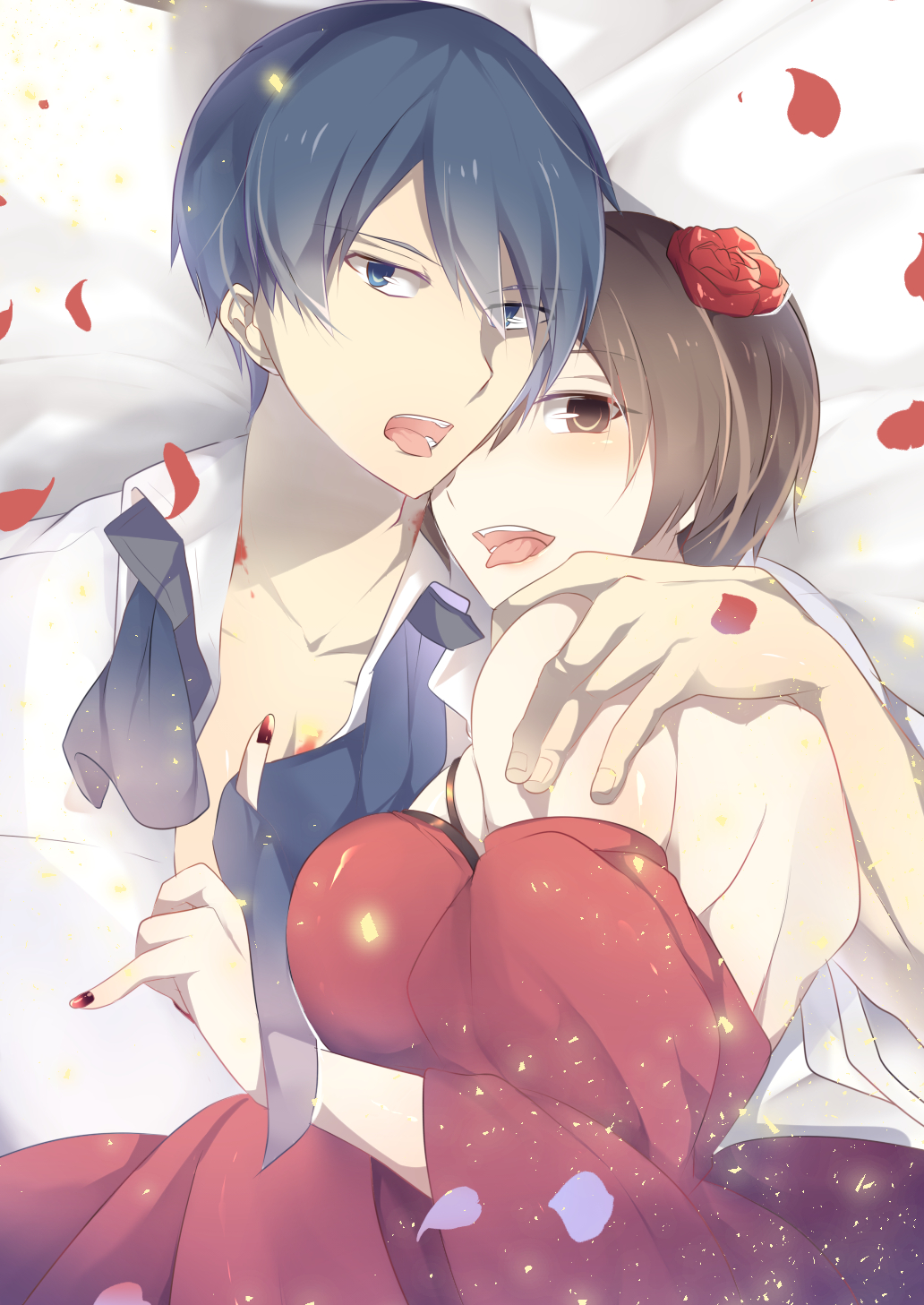 1boy 1girl akujiki_musume_conchita_(vocaloid) arm_around_back ascot banica_conchita bare_shoulders bed_sheet blood blue_eyes blue_hair blue_neckwear blush breasts brown_eyes brown_hair carlos_marlon chef_uniform collarbone couple detached_sleeves dress evillious_nendaiki eyelashes flower hair_flower hair_ornament hand_on_another's_shoulder hetero highres hug injury kaito large_breasts light_particles looking_at_viewer meiko nail_polish open_mouth petals red_dress red_nails rose rose_petals short_hair tongue tongue_out unbuttoned unbuttoned_shirt vocaloid yuken_52