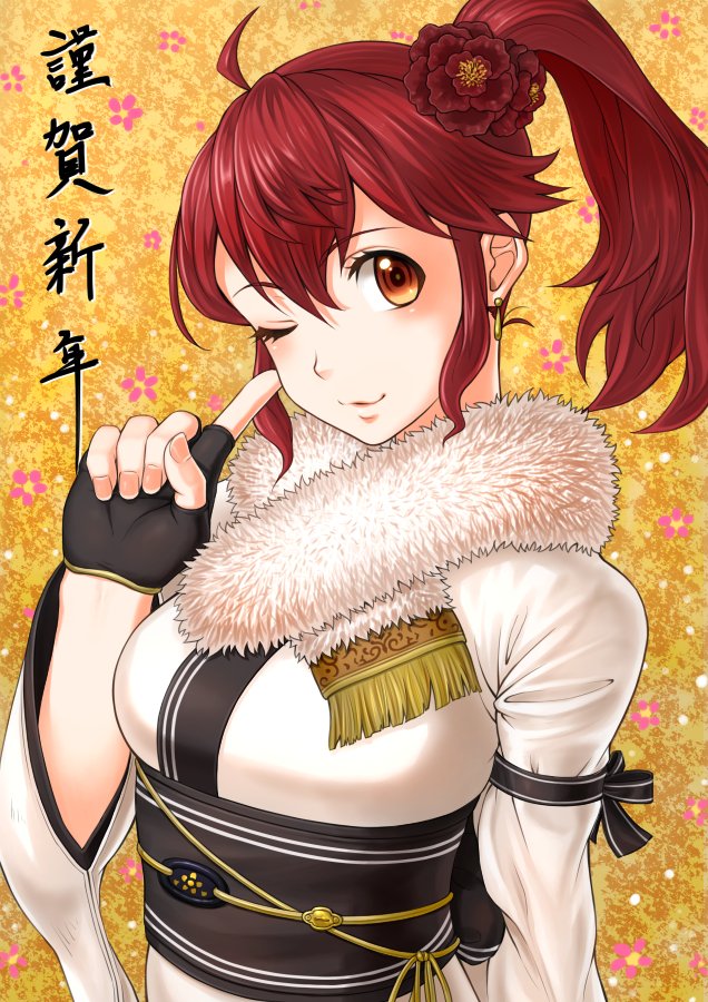 1girl ;3 anna_(fire_emblem) breasts earrings finger_to_face fingerless_gloves fire_emblem floral_background flower fur_collar furisode gloves hair_flower hair_ornament japanese_clothes jewelry kimono obi one_eye_closed ponytail red_eyes redhead sash smile solo soyo2106 translated wide_sleeves