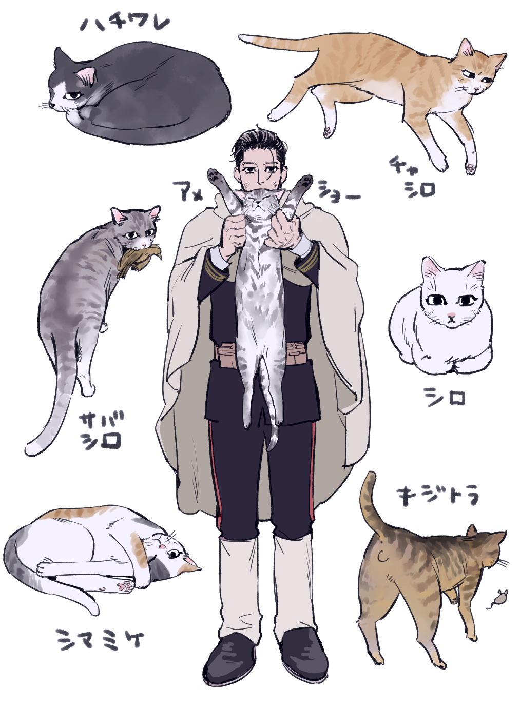 1boy animal black_eyes black_hair cape cat facial_scar golden_kamuy hair_slicked_back highres holding holding_animal holding_cat military military_uniform ogata_hyakunosuke scar scar_on_cheek sennin_(inoinox) short_hair uniform white_cat