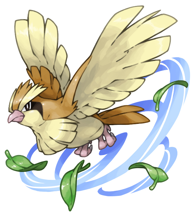 commentary_request flying full_body leaf looking_at_viewer no_humans pearl7 pidgey pokemon pokemon_(creature) simple_background solo spread_wings white_background