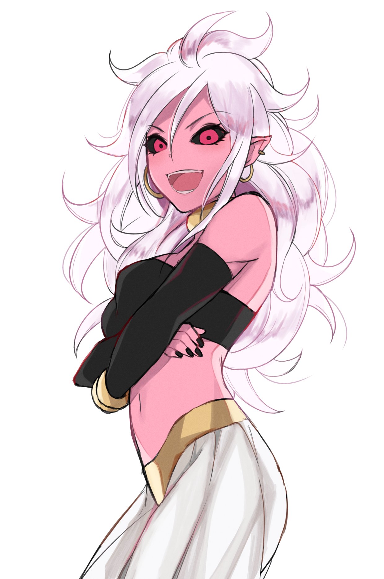 1girl alternate_form android_21 black_nails black_sclera crossed_arms dragon_ball dragon_ball_fighterz evil_smile fangs highres kyou_(ningiou) lavender_hair looking_at_viewer majin_android_21 monster_girl nail_polish navel open_mouth pink_skin pointy_ears red_eyes smile solo spoilers stomach