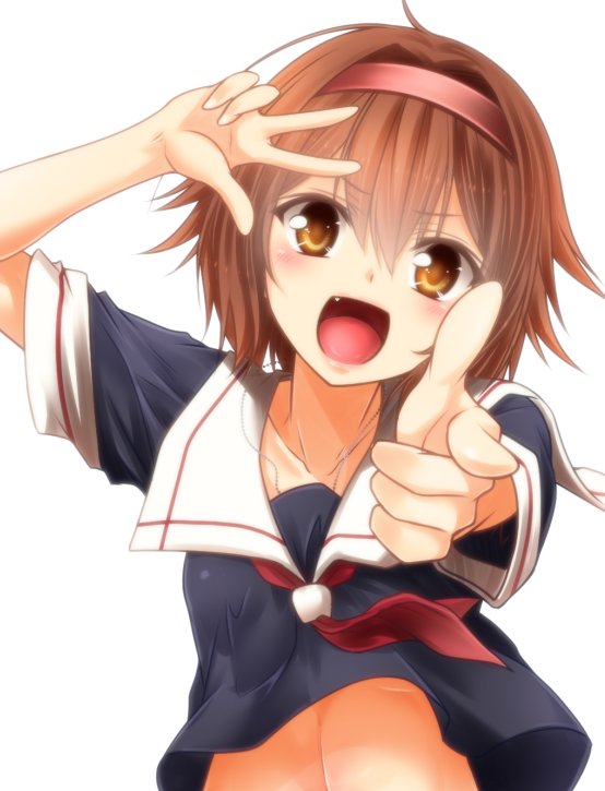 1girl ahoge arm_up bangs blue_serafuku breasts brown_eyes brown_hair collarbone eyebrows_visible_through_hair eyes_visible_through_hair fang hair_between_eyes hair_ornament hairband head_tilt headband jewelry kantai_collection lips long_hair looking_at_viewer medium_breasts midriff necklace necktie open_mouth outstretched_arm pointing pointing_at_viewer red_hairband red_neckwear sailor_collar school_uniform serafuku shiratsuyu_(kantai_collection) short_hair simple_background skirt smile solo tongue upper_body v white_background wind wind_lift yua_(checkmate)