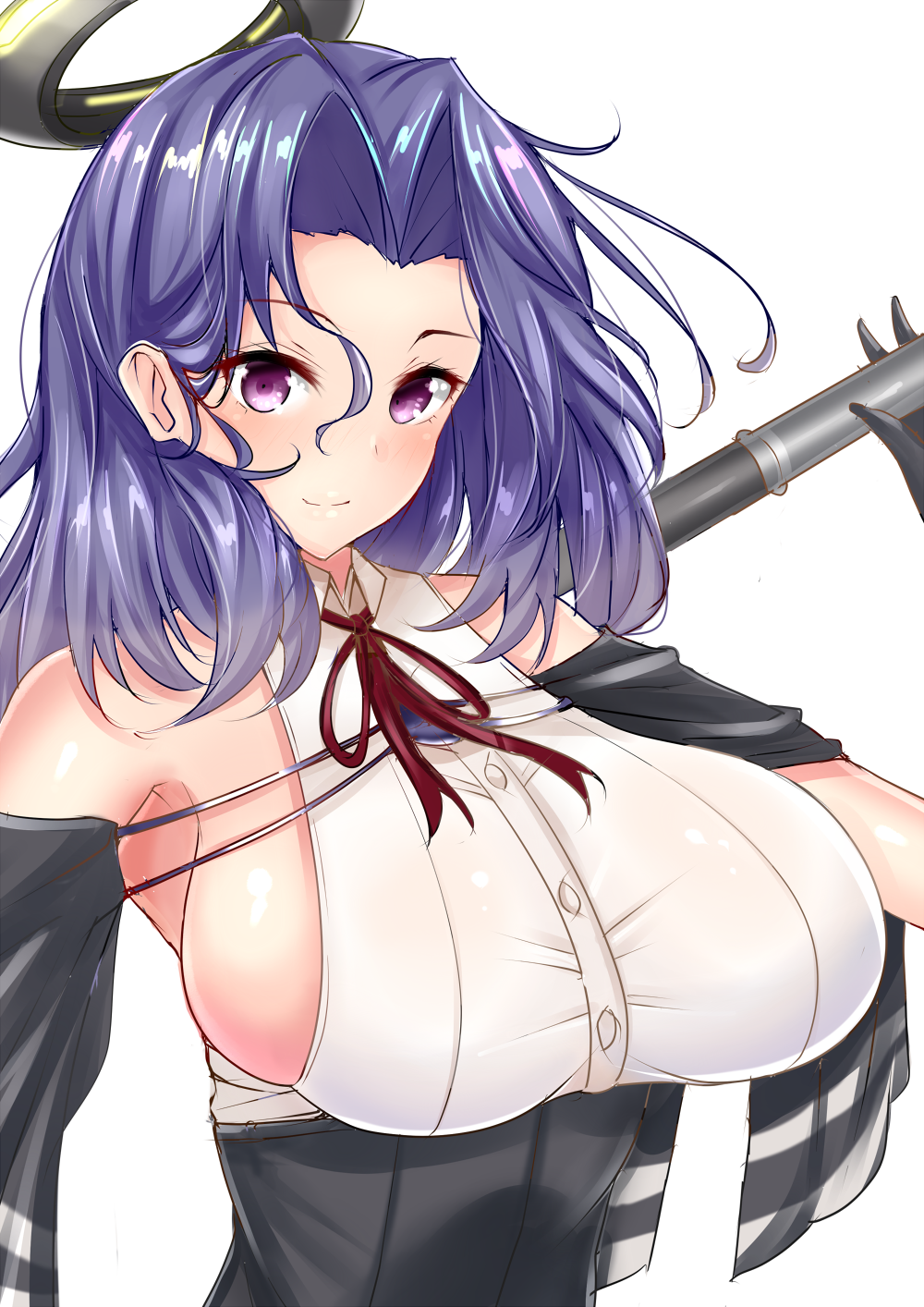 1girl bare_shoulders blush breasts closed_mouth commentary_request gloves hair_intakes highres kantai_collection large_breasts looking_at_viewer mechanical_halo polearm purple_hair remodel_(kantai_collection) sankakusui shiny shiny_hair shiny_skin short_hair sideboob simple_background smile solo tatsuta_(kantai_collection) upper_body violet_eyes weapon white_background