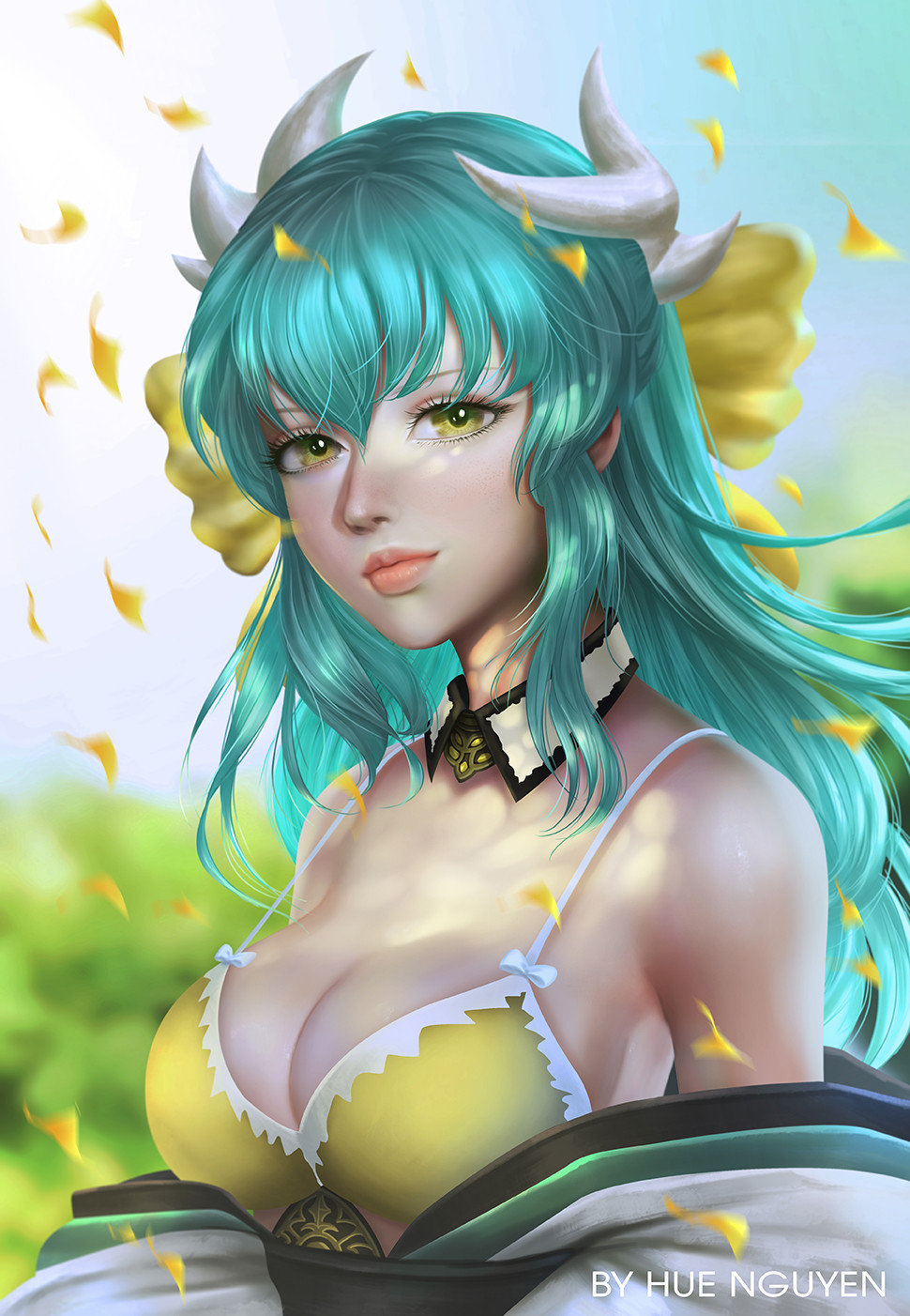 1girl aqua_hair artist_name breasts character_request cleavage day detached_collar fate/grand_order fate_(series) green_eyes highres horns hue_nguyen large_breasts lips long_hair looking_at_viewer nose outdoors petals sideboob solo sunlight upper_body yellow_bikini_top yellow_petals