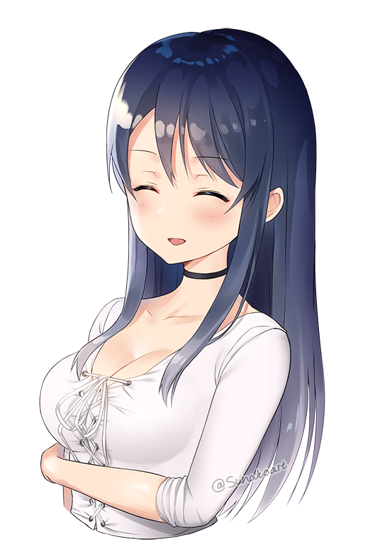 1girl arm_across_waist bangs black_choker blue_hair blush breasts choker cleavage collarbone cross-laced_clothes facing_viewer large_breasts long_hair long_sleeves open_mouth real_life shirt simple_background sleeves_rolled_up smile solo sunako_(veera) twitter_username upper_body white_background white_shirt