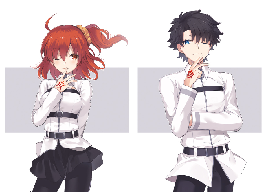 1boy 1girl ;) ahoge arm_behind_back belt belt_buckle black_hair black_pants black_skirt blue_eyes breasts buckle closed_mouth command_spell contrapposto cowboy_shot eyebrows_visible_through_hair fate/grand_order fate_(series) finger_to_mouth fujimaru_ritsuka_(female) fujimaru_ritsuka_(male) hair_ornament hair_scrunchie hand_on_own_arm juugonichi_(wheeliex2) legs_apart long_sleeves looking_at_viewer medium_breasts one_eye_closed one_side_up pants pantyhose red_eyes redhead scrunchie short_hair skirt smile standing two-tone_background underbust uniform