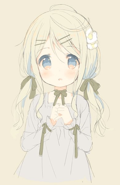 1girl bangs black_ribbon blonde_hair blush brown_background brown_eyes commentary_request dress eyebrows_visible_through_hair flower grey_dress hair_between_eyes hair_flower hair_ornament hair_ribbon hairclip long_hair long_sleeves looking_at_viewer low_twintails meito_(maze) original own_hands_together parted_lips ribbon simple_background solo twintails white_flower