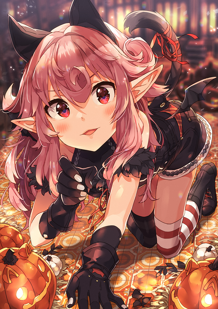 1girl all_fours animal_ears bangs black_gloves blurry blush commentary_request cowlick depth_of_field eyebrows_visible_through_hair gloves hair_between_eyes halloween halter_top halterneck hand_up highres jack-o'-lantern long_hair looking_at_viewer mismatched_legwear narumi_arata open_mouth original pink_hair pointy_ears red_eyes red_ribbon revision ribbon shorts smile solo striped striped_legwear tail tail_ribbon thighs wings