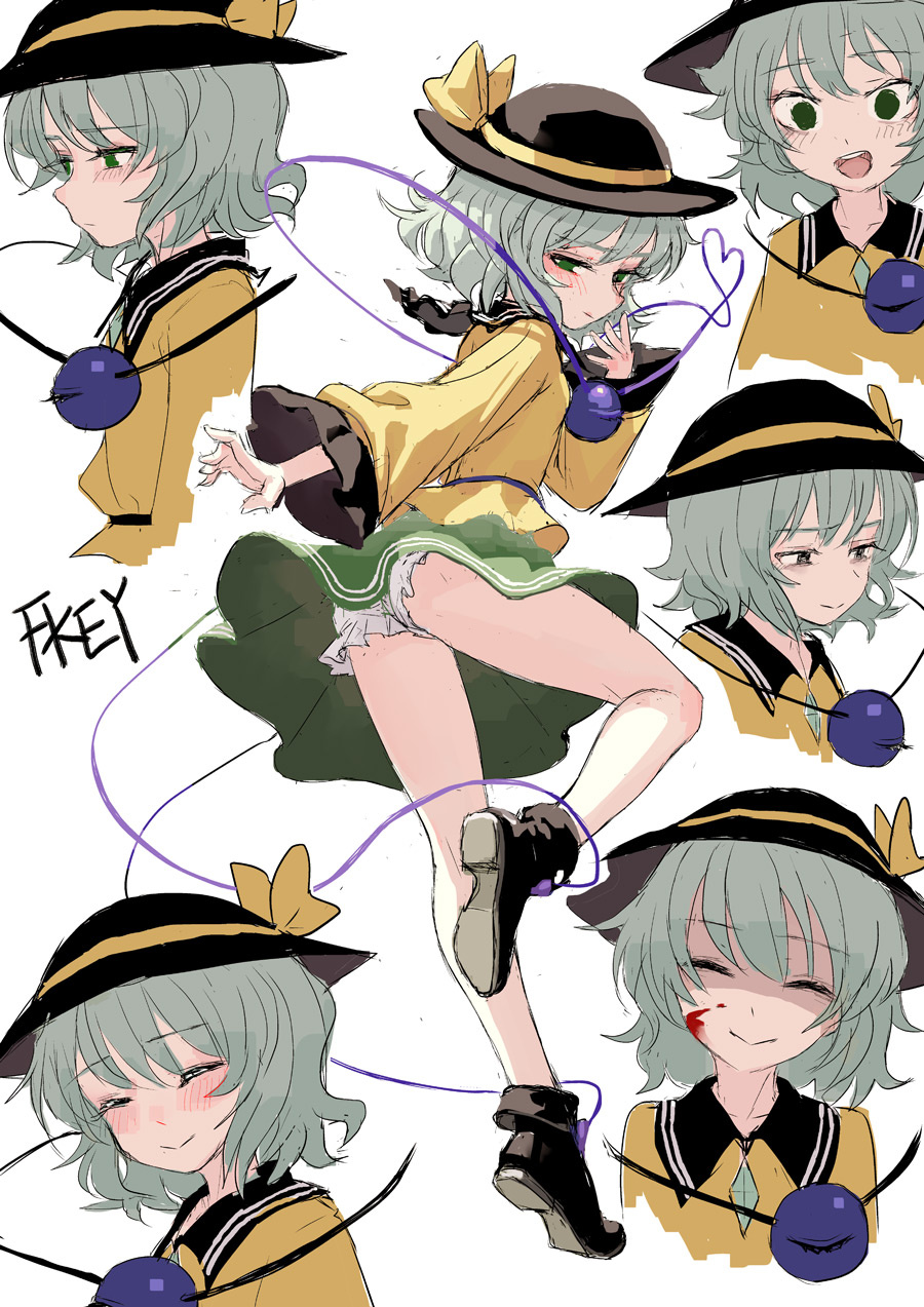 1girl artist_name ass bare_legs black_footwear black_hat blood blood_on_face bloomers blush boots bow closed_eyes commentary_request expressions eyebrows_visible_through_hair fkey green_eyes green_hair green_skirt hat hat_bow heart heart_of_string highres knee_up komeiji_koishi long_sleeves looking_at_viewer looking_back miniskirt open_mouth shirt short_hair simple_background skirt smile solo third_eye touhou underwear white_background white_bloomers wide_sleeves yellow_bow yellow_shirt