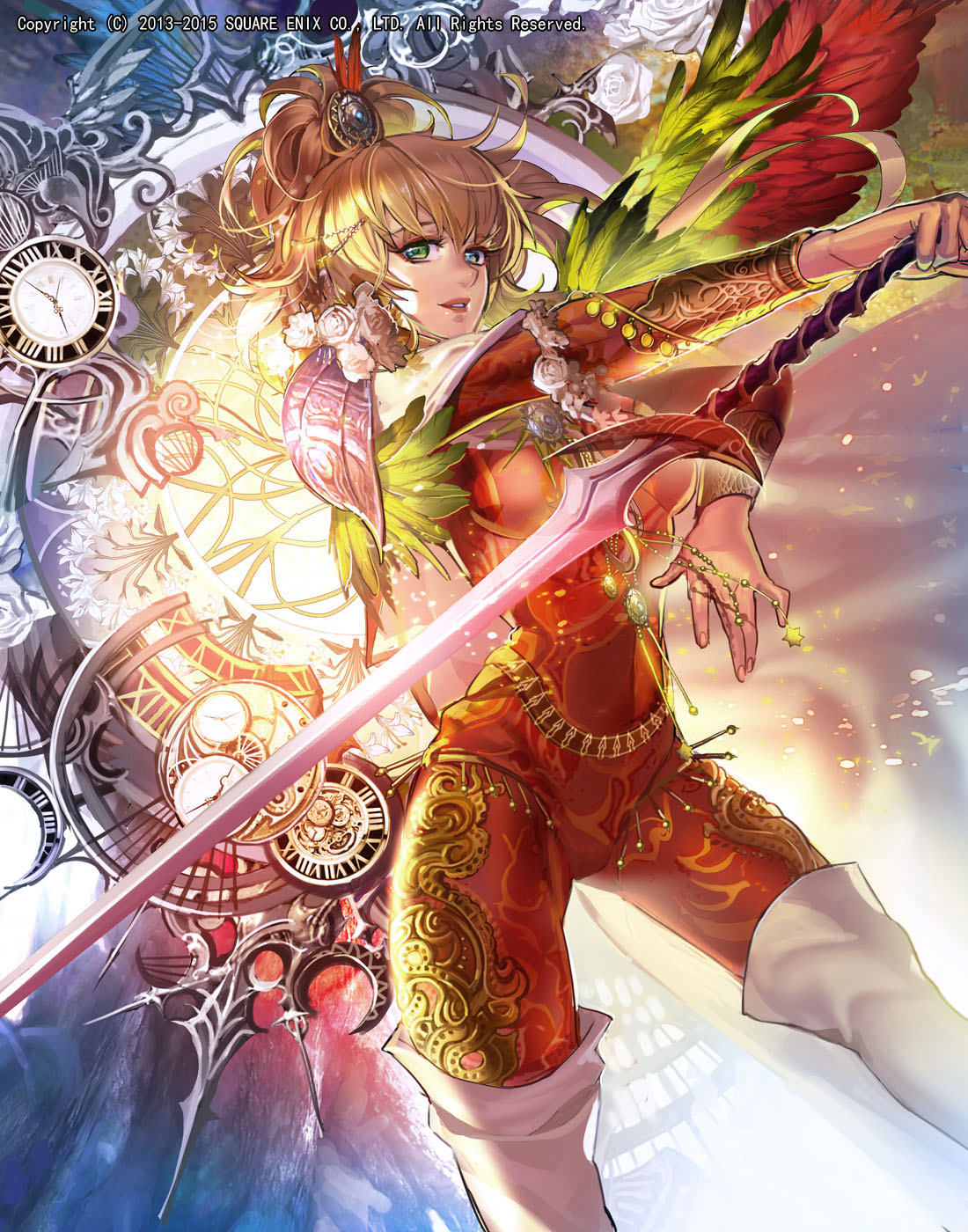 1girl bangs blonde_hair blue_eyes bodysuit boots cape clock emperors_saga feathers fingernails flower green_eyes hair_ornament heterochromia highres holding holding_sword holding_weapon jewelry liduke long_hair looking_at_viewer ponytail red_bodysuit rose short_hair solo standing sword thigh-highs thigh_boots weapon white_flower white_footwear white_rose