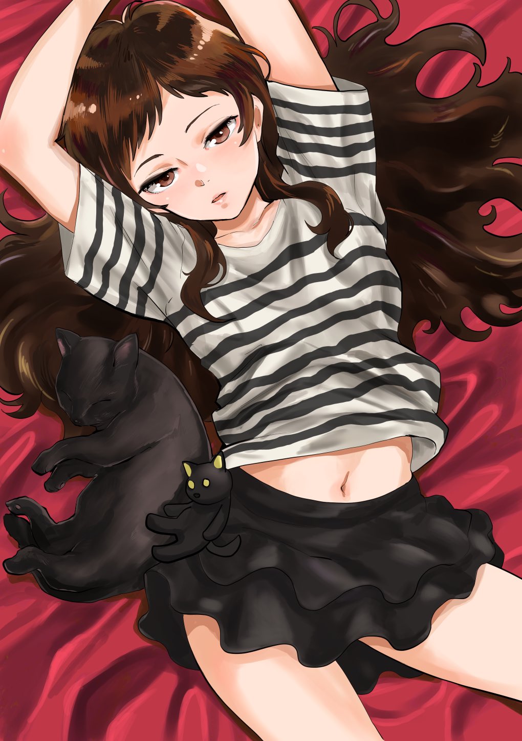 1girl arms_up black_skirt brown_eyes brown_hair cat highres idolmaster idolmaster_million_live! kitazawa_shiho long_hair looking_at_viewer navel nekoi_mie parted_lips shirt skirt solo striped striped_shirt stuffed_animal stuffed_cat stuffed_toy