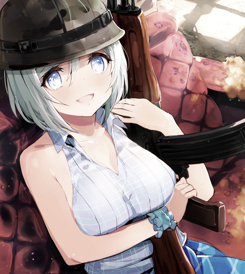 1girl :d ak-47 assault_rifle bangs bare_arms bare_shoulders blue_eyes blue_skirt breasts collarbone commentary_request couch dennou_shoujo_youtuber_shiro gun hair_between_eyes helmet holding holding_gun holding_weapon large_breasts long_hair looking_at_viewer open_mouth rifle shiro_(dennou_shoujo_youtuber_shiro) shirt short_hair silver_hair sitting skirt sleeveless sleeveless_shirt smile solo tetsujin_momoko weapon white_shirt