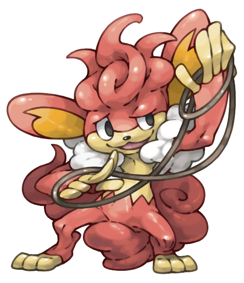 :3 commentary_request full_body half-closed_eye hand_up holding legs_apart no_humans open_mouth pearl7 pokemon pokemon_(creature) rope simisear simple_background smile solo standing white_background