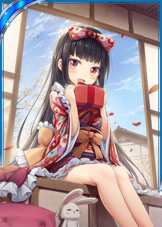 1girl :d akkijin black_hair blue_sky box card_(medium) floral_print flower gift gift_box hair_ornament hair_ribbon indoors japanese_clothes long_hair looking_at_viewer official_art open_mouth open_window print_ribbon rabbit red_eyes red_ribbon ribbon shinkai_no_valkyrie sitting sky smile solo stuffed_animal stuffed_bunny stuffed_toy window yellow_ribbon