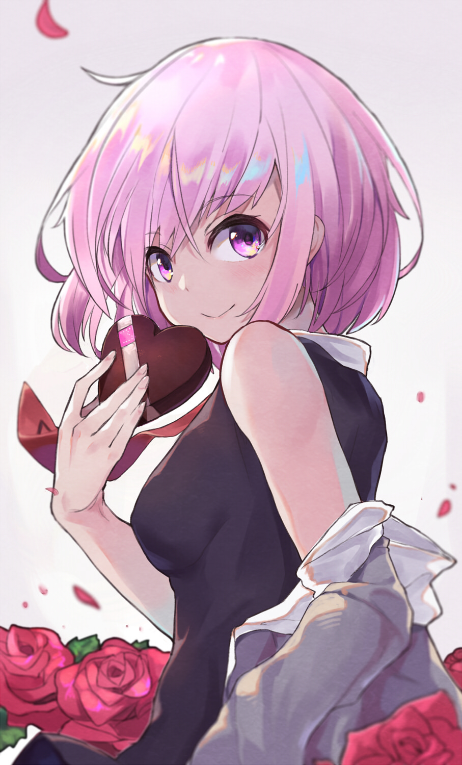 1girl black_dress blurry blush breasts chocolate chocolate_heart closed_mouth commentary_request depth_of_field dress fate/grand_order fate_(series) flower food from_side grey_hoodie heart highres holding holding_food hood hood_down hoodie looking_at_viewer looking_to_the_side mash_kyrielight medium_breasts necktie pantie_painting petals pink_hair red_flower red_neckwear red_rose rose rose_petals sleeveless sleeveless_dress smile solo violet_eyes