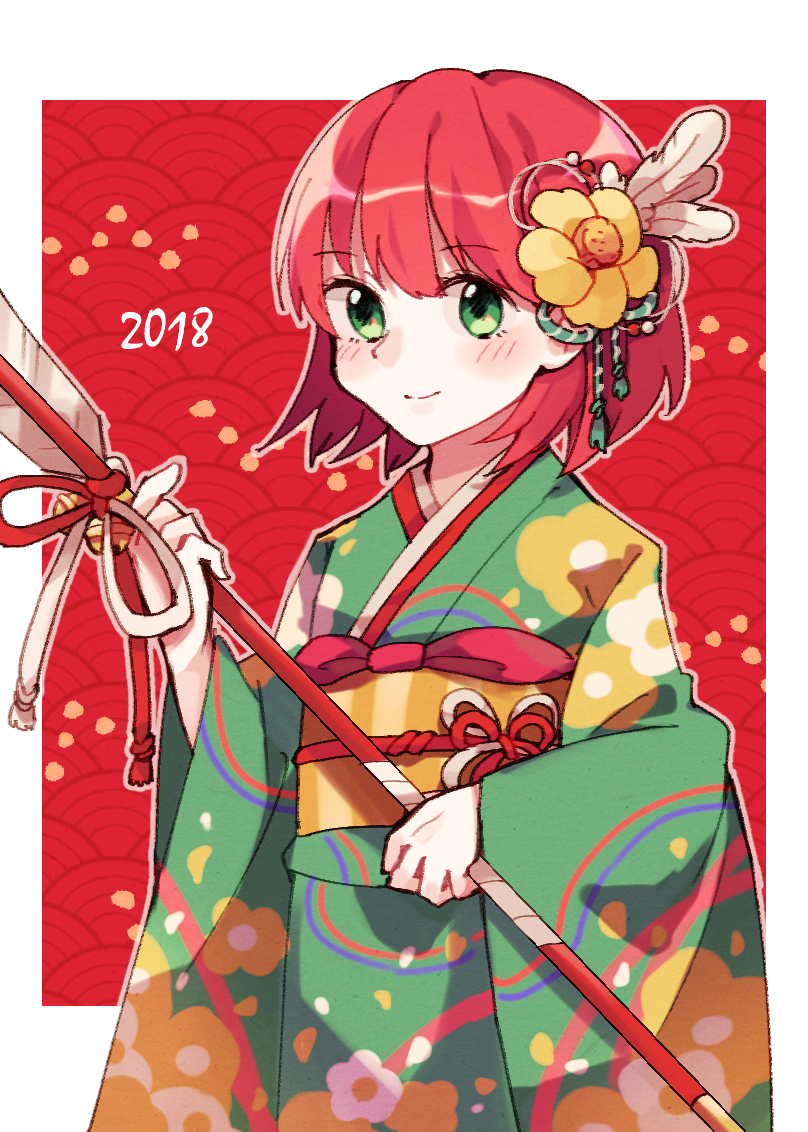 1girl 2018 bell blush feathers fire_emblem fire_emblem:_rekka_no_ken flower green_eyes japanese_clothes kimono priscilla_(fire_emblem) redhead sisuko1016 solo staff white_background