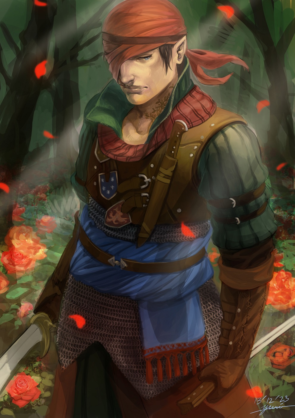 1boy artist_name blue_eyes brown_hair dagger dated flower gloves hat highres iorveth jeekyl_sur male_focus one_eye_covered petals pointy_ears rose solo sword tattoo the_witcher the_witcher_2 tree weapon