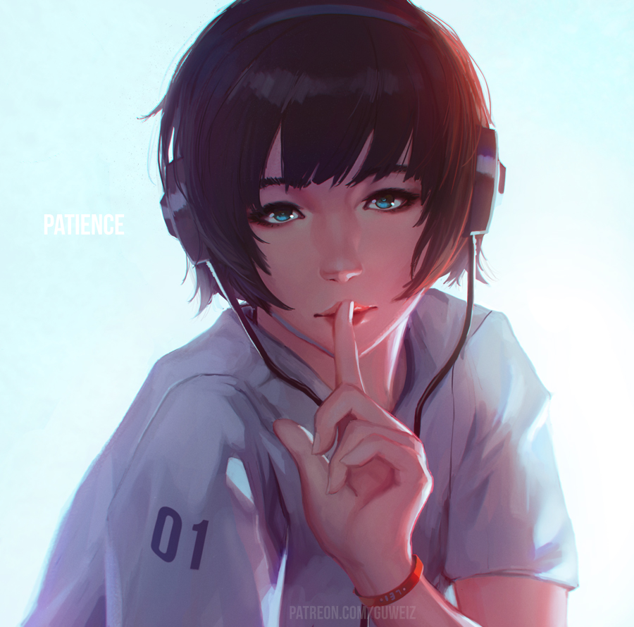 1girl arm_up bangs blue_eyes bracelet brown_hair commentary finger_to_mouth guweiz headphones jewelry original patreon_username shirt short_hair solo white_background white_shirt