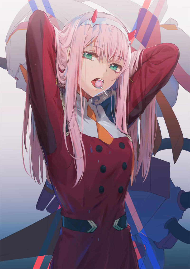 1girl aqua_eyes arms_up bangs breasts candy commentary dangmill darling_in_the_franxx eyebrows_visible_through_hair food hair_between_eyes hairband horns lollipop long_hair long_sleeves looking_at_viewer mecha medium_breasts mouth_hold open_mouth pink_hair red_shirt revision school_uniform shirt solo strelizia teeth uniform upper_body white_hairband zero_two_(darling_in_the_franxx)