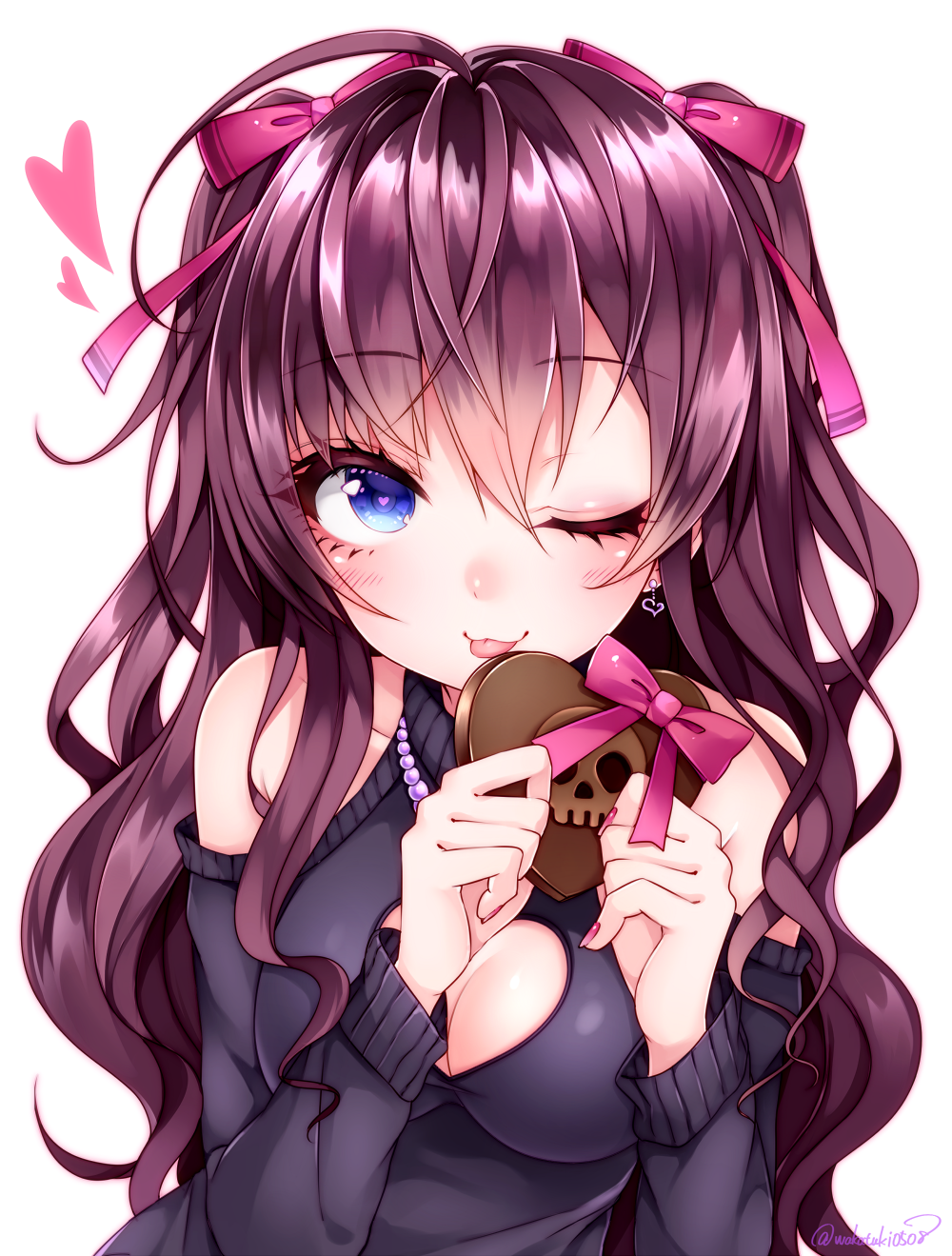 1girl ;3 ;p ahoge bangs bare_shoulders blue_eyes blush breasts chocolate chocolate_heart cleavage cleavage_cutout detached_sleeves earrings eyebrows_visible_through_hair eyelashes food hair_between_eyes hair_ribbon heart heart-shaped_pupils highres holding holding_food ichinose_shiki idolmaster idolmaster_cinderella_girls jewelry long_hair long_sleeves looking_at_viewer medium_breasts nail_polish necklace one_eye_closed pearl_necklace pink_nails pink_ribbon purple_hair ribbon simple_background skull solo symbol-shaped_pupils tongue tongue_out twitter_username two_side_up upper_body wakatsuki_you wavy_hair white_background