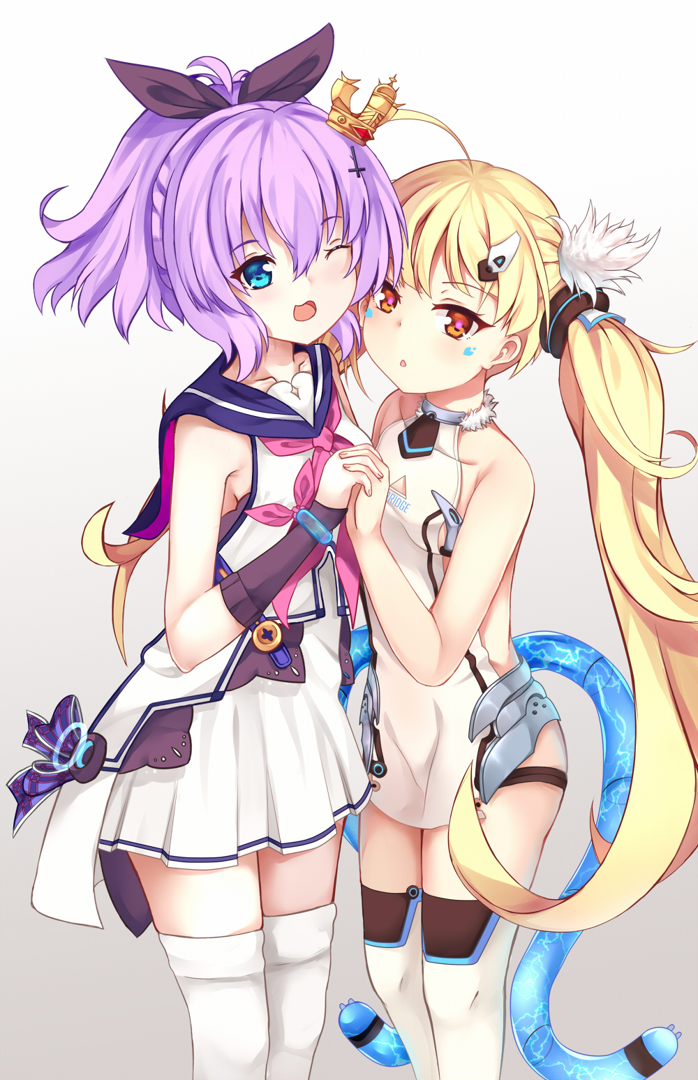2girls ;d ahoge aniqi arm_warmers azur_lane bangs bare_arms bare_shoulders black_ribbon blonde_hair blue_eyes blue_sailor_collar blush bracelet breasts brown_eyes chrisandita collaboration collarbone commentary_request crown dress eldridge_(azur_lane) eyebrows_visible_through_hair fingernails gradient gradient_background grey_background hair_between_eyes hair_ornament hair_ribbon hand_holding high_ponytail highres interlocked_fingers javelin_(azur_lane) jewelry long_hair looking_at_viewer mini_crown multiple_girls neckerchief one_eye_closed open_mouth parted_lips pink_neckwear pleated_skirt purple_hair ribbon sailor_collar shirt skirt sleeveless sleeveless_dress sleeveless_shirt small_breasts smile standing tail thigh-highs twintails very_long_hair white_background white_dress white_legwear white_shirt white_skirt
