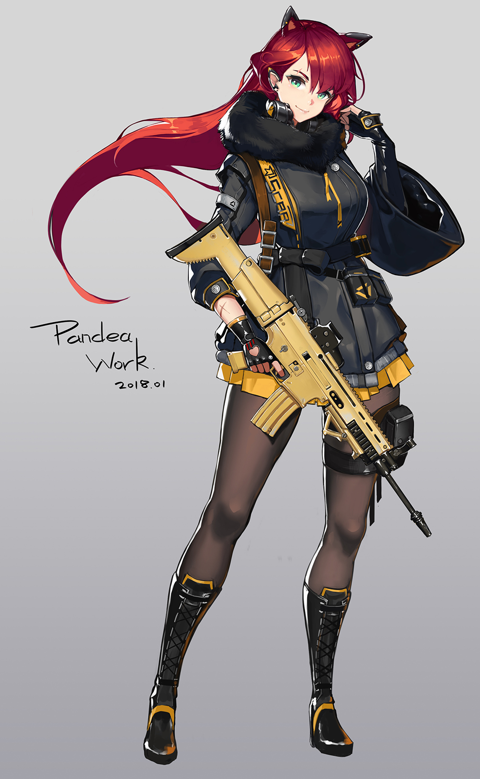 1girl animal_ears aqua_eyes black_gloves black_legwear boots breasts cat_ears fingerless_gloves full_body fur_trim girls_frontline gloves gun highres holding holding_gun holding_weapon long_hair looking_at_viewer pandea_work redhead scar smile solo thigh_strap weapon