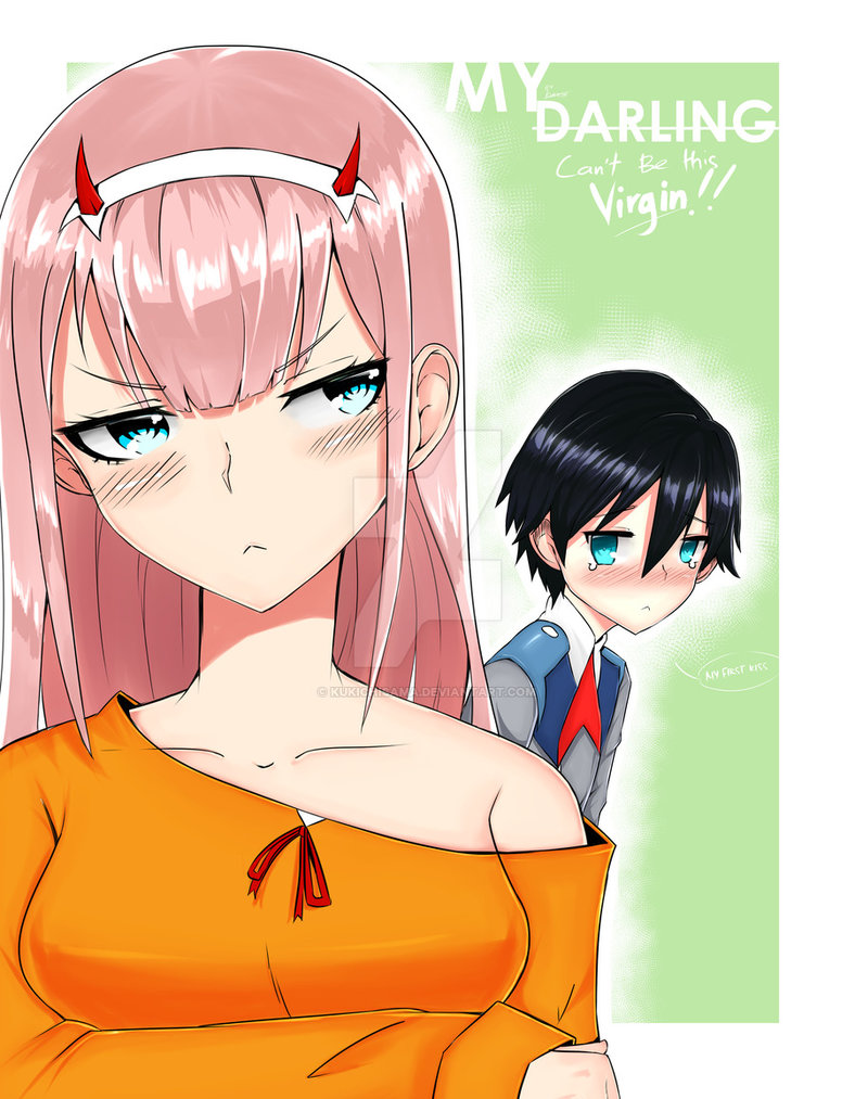 1boy 1girl black_hair blue_eyes blush blush_stickers breasts cleavage commentary couple crossed_arms darling_in_the_franxx eyebrows_visible_through_hair green_eyes headband hetero hiro_(darling_in_the_franxx) horns kukichi_kamaro long_hair long_sleeves military military_uniform necktie orange_shirt pink_hair red_neckwear red_ribbon ribbon shirt short_hair tears uniform white_headband zero_two_(darling_in_the_franxx)