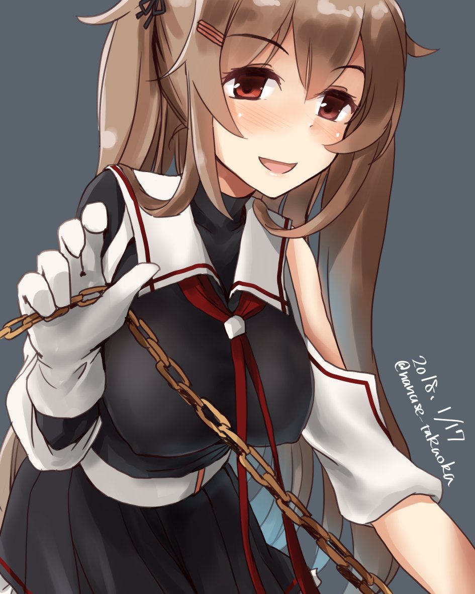 1girl black_serafuku black_skirt brown_eyes dated gloves grey_background hair_flaps heterochromia kantai_collection light_brown_hair long_hair looking_at_viewer murasame_(kantai_collection) neck_ribbon pleated_skirt red_eyes red_ribbon remodel_(kantai_collection) ribbon school_uniform serafuku skirt solo takaoka_nanase twitter_username two_side_up white_gloves