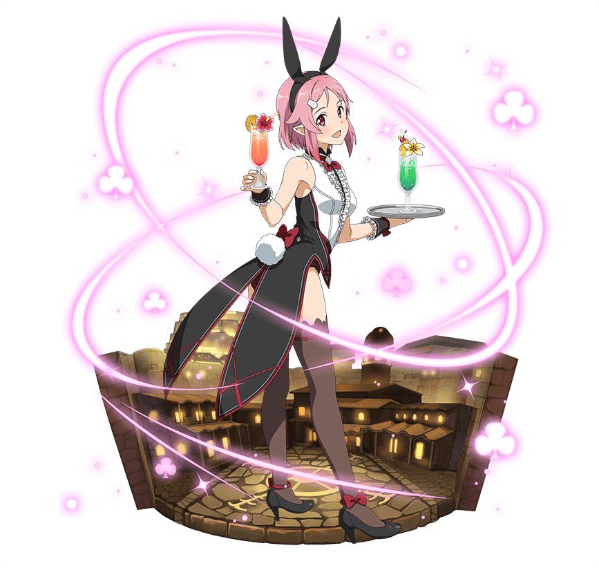 1girl :d animal_ears ankle_bow ankle_ribbon black_footwear black_hairband black_shorts bow bowtie breasts brown_legwear bunny_tail bunnysuit fake_animal_ears from_side full_body hairband head_tilt high_heels holding_eyewear lisbeth_(sao-alo) looking_at_viewer medium_breasts open_mouth pink_hair pointy_ears rabbit_ears red_bow red_eyes red_neckwear ribbon ribbon-trimmed_thighhighs short_hair_with_long_locks short_shorts shorts sidelocks simple_background sleeveless smile solo standing sword_art_online tail thigh-highs white_background wrist_cuffs