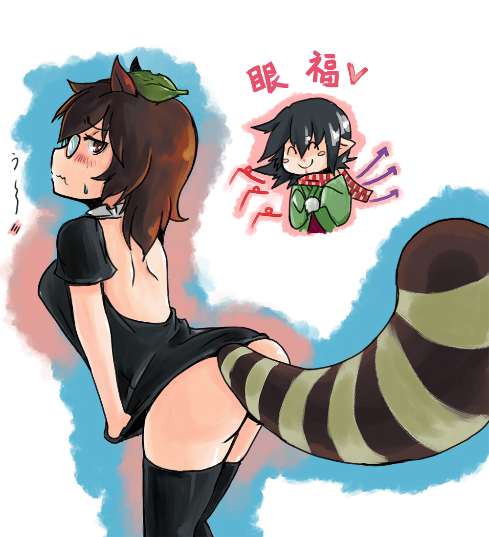 2girls animal_ears ass asymmetrical_wings black_dress black_hair black_legwear blood blush blush_stickers breasts brown_hair cosplay dress dress_tug embarrassed from_side futatsuiwa_mamizou glasses houjuu_nue houjuu_nue_(cosplay) leaf leaf_on_head looking_at_another looking_at_viewer medium_breasts medium_hair multiple_girls nosebleed raccoon_ears raccoon_tail smile solo_focus su_gata tail thigh-highs touhou translation_request wavy_mouth wings