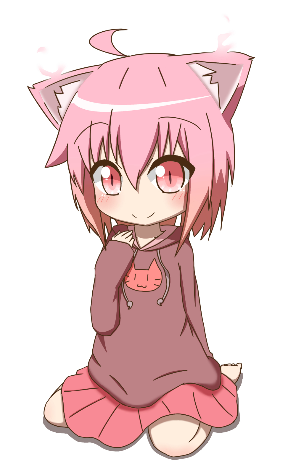 1girl ahoge aka_neko_(idaten93) animal_ears animal_print bangs barefoot blush brown_hoodie cat_ears cat_print closed_mouth collarbone commentary_request drawstring eyebrows_visible_through_hair hair_between_eyes highres hood hood_down hoodie idaten93 looking_at_viewer original pink_eyes pink_hair pleated_skirt print_hoodie red_skirt simple_background sitting skirt slit_pupils smile solo wariza white_background