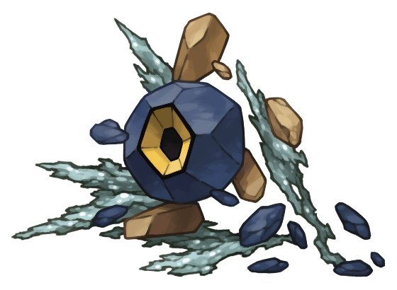 commentary_request debris full_body looking_at_viewer no_humans pearl7 pokemon pokemon_(creature) rock roggenrola simple_background solo white_background