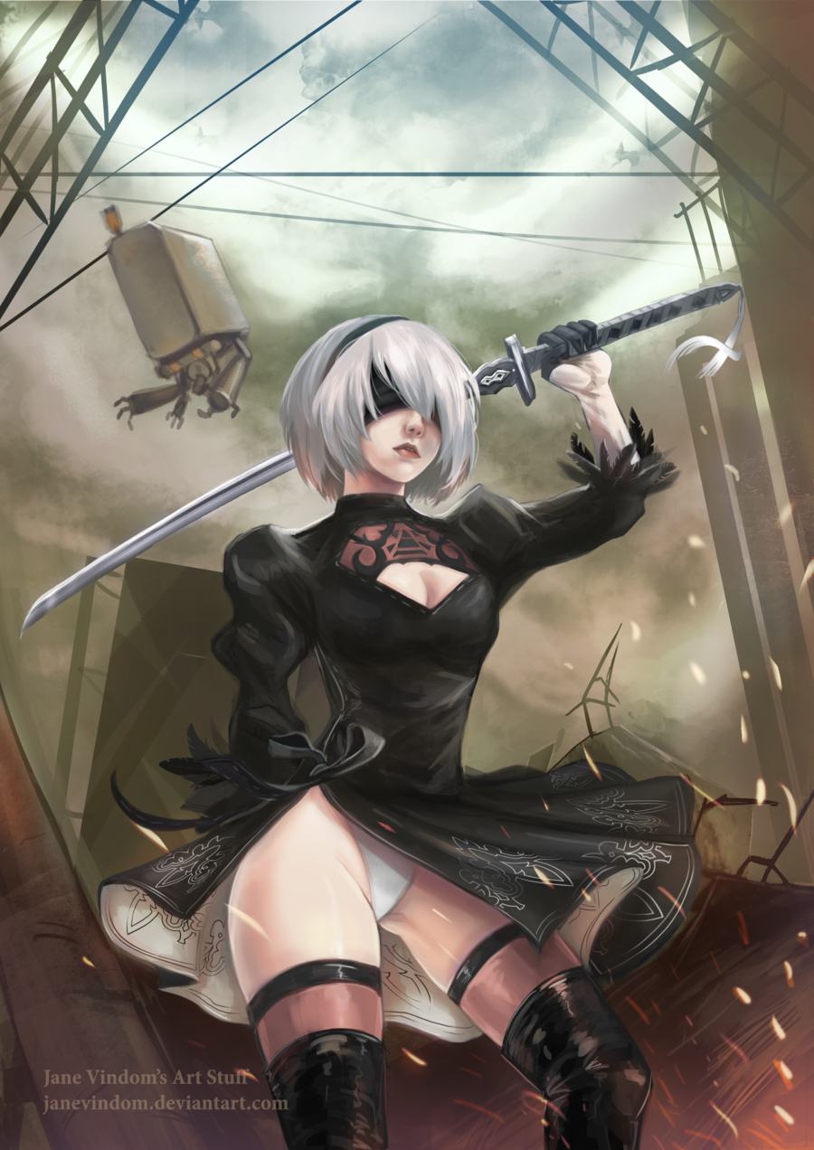 1girl artist_name bangs black_blindfold black_dress black_hairband blindfold breast_cutout breasts cleavage clouds cloudy_sky commentary contrapposto covered_eyes deviantart_username dress facing_viewer feather-trimmed_sleeves gery_naidenova grey_hair grey_sky hairband highleg highleg_leotard highres holding holding_sword holding_weapon juliet_sleeves katana leotard long_sleeves medium_breasts nier_(series) nier_automata no_mole puffy_sleeves short_hair sky solo standing sword thighhighs_under_boots watermark weapon web_address white_leotard yorha_no._2_type_b