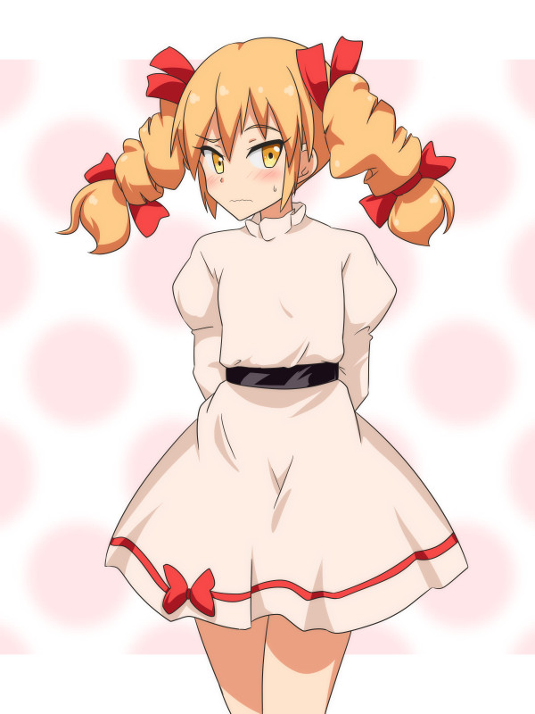 1girl alternate_costume arms_behind_back blonde_hair blush cato_(monocatienus) commentary_request cowboy_shot dress drill_hair embarrassed eyebrows_visible_through_hair hair_ribbon juliet_sleeves long_hair long_sleeves looking_at_viewer puffy_sleeves red_ribbon ribbon sash solo sweatdrop touhou twin_drills wavy_mouth white_dress yellow_eyes yorigami_jo'on