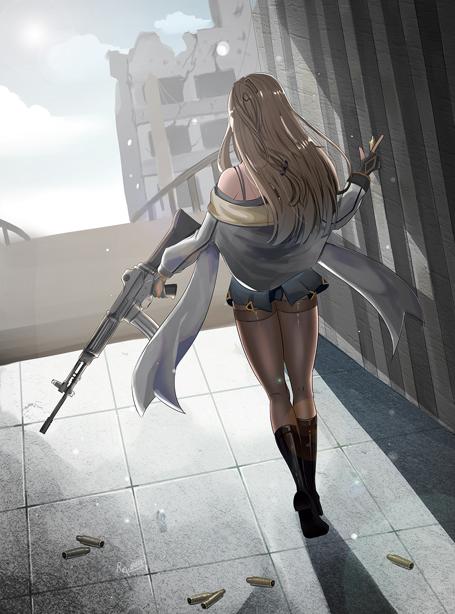 1girl assault_rifle belt black_footwear black_panties blush boots breasts brown_eyes brown_hair brown_legwear buckle bullet choker cityscape cleavage clouds cloudy_sky collarbone cowboy_shot daewoo_k2 eyebrows_visible_through_hair fingerless_gloves floating_hair from_behind girls_frontline gloves gun hair_ornament hand_in_hair hand_up high_heel_boots high_heels highres holding holding_gun holding_weapon hoshuu jacket k-2_(girls_frontline) knee_boots korean long_hair long_sleeves mid-stride miniskirt navel one_side_up open_mouth panties pantyhose rifle ruins shell_casing side_ponytail sidelocks signature skirt sky solo strap sun thighband_pantyhose underwear walking weapon wind wind_lift