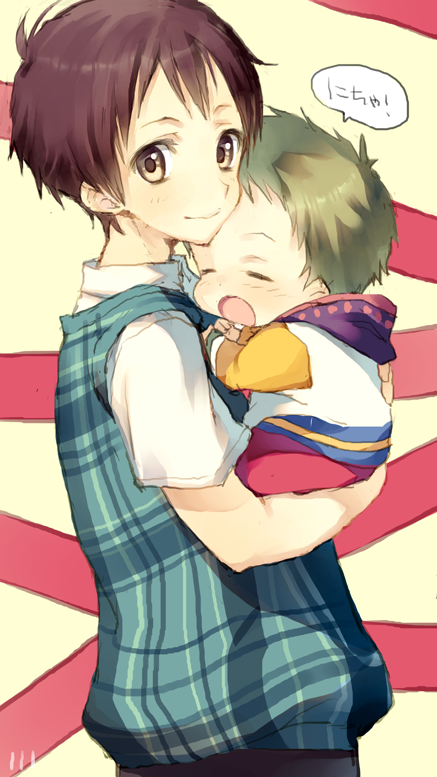 2boys :o brown_eyes brown_hair child closed_eyes fooldx gakuen_babysitters highres kashima_kotarou kashima_ryuuichi looking_at_viewer male_focus multiple_boys plaid plaid_shirt shirt smile speech_bubble