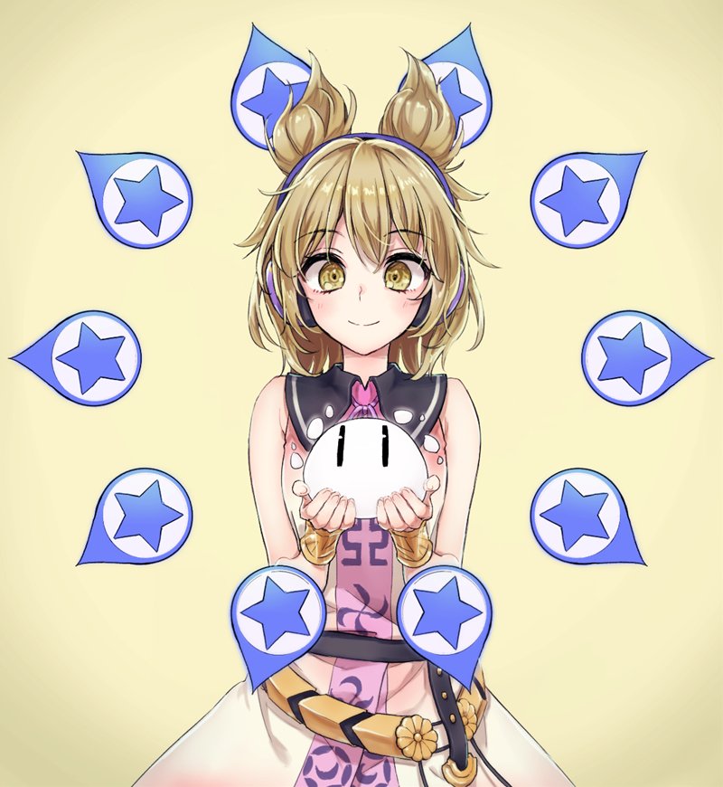 1girl akidzuki_haruhi bangs bare_arms bare_shoulders belt bracelet closed_mouth commentary_request earmuffs eyebrows_visible_through_hair hands_up jewelry light_brown_eyes light_brown_hair looking_at_viewer pointy_hair simple_background smile solo star touhou toyosatomimi_no_miko yellow_background